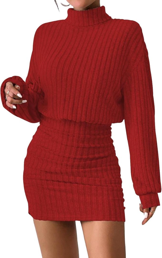 Women's Pullover Sweater Dress Long Lantern Sleeve Turtle Neck Cute Ribbed Knit Bodycon Mini Short Dress 2025 Fall (Big Red)