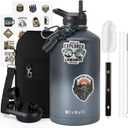 One Gallon Water Bottle Insulated, Triple Wall Vacuum Cold for 48 Hrs & Leak-proof & Non-BPA, 128oz Large Sports Stainless Steel Water Jug with Paracord Handle Straw Spout Lids & DIY Stickers (Black/Grey Gradient)
