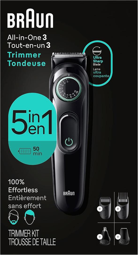 Braun All-In-One Style Kit Series 3 3450, 5-in-1 Trimmer for Men with Beard Trimmer, Ear & Nose Trimmer, Hair Clippers & More, Ultra-Sharp Blade, 40 Length Settings and Washable