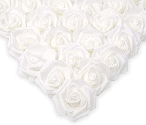 IPOPU 100 Pcs Artificial Rose Flower Heads Real Looking White Foam Fake Roses for DIY Wedding Baby Shower Centerpieces Arrangements Party Tables Home Decorations (White 1, Stemless)