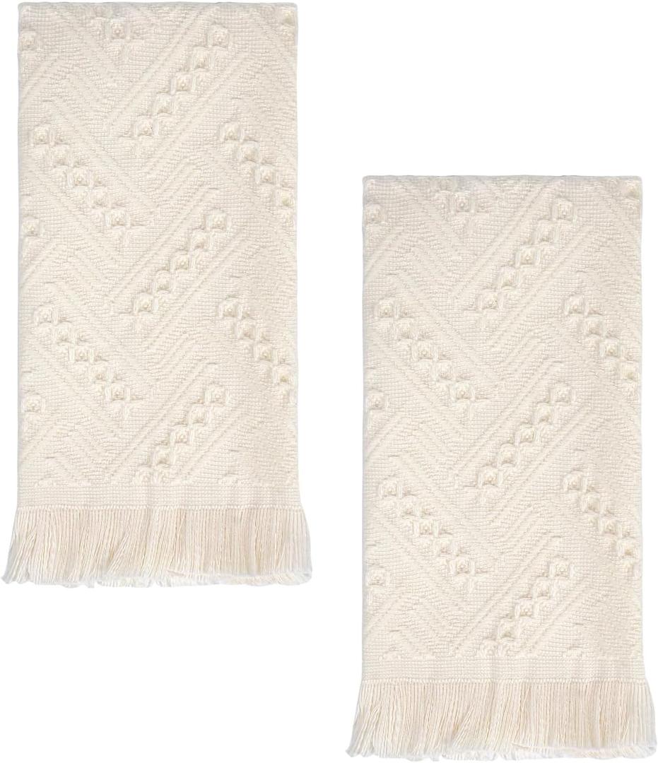 Luxury Decorative Hand Towels Bathroom: 2 Packs 14X30 100% Cotton Turkish Absorbent Soft Face Towel Set for Boho Bathroom Decor Kitchen Hotel Spa Farmhouse Guest Tea Gift (Cream White, 14"x30")