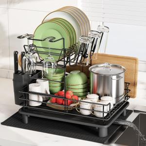 Qienrrae Dish Drying Racks for Kitchen Counter, Stainless Steel 2 Tier Black Dish Dryer Rack with Drainboard Set, Large Dish Drainers with Wine Glass & Utensil Holder and Dryer Mat,Black