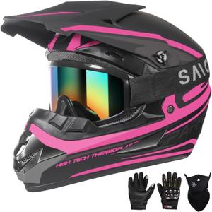 Youth Kids Motocross Helmet, Adult ATV Dirt Bike Helmet, Off-Road BMX 4-Wheeler Full Face Motorcycle Helmet W/Goggles Gloves & Mask, DOT Approved, Pink, M