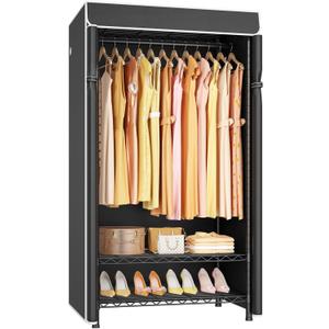 H5C Clothes Rack with Cover, Portable Closet for Hanging Clothes, Covered Clothing Racks Heavy Duty, Freestanding Garment Racks with Shelves Max Load 360LBS Black Closet Rack with Black Cover