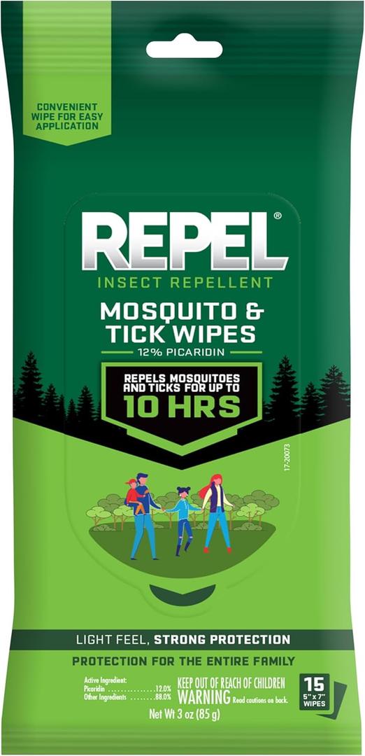 2pcs Repel Insect Repellent Mosquito & Tick Wipes 12% Picaridin, Repels Mosquitoes and Ticks for Up to 10 Hours in A Convenient Travel Wipe for Whole-Family Mosquito and Tick Protection,30 count (2pack x 15) 