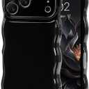 iPhone 17 Pro Max Case Cute Simple Wave Design Stylish Wavy Curly Frame with Wrist Adjustable Hand Strap Kickstand Grip Holder Soft Silicone Protective Cover - Black
