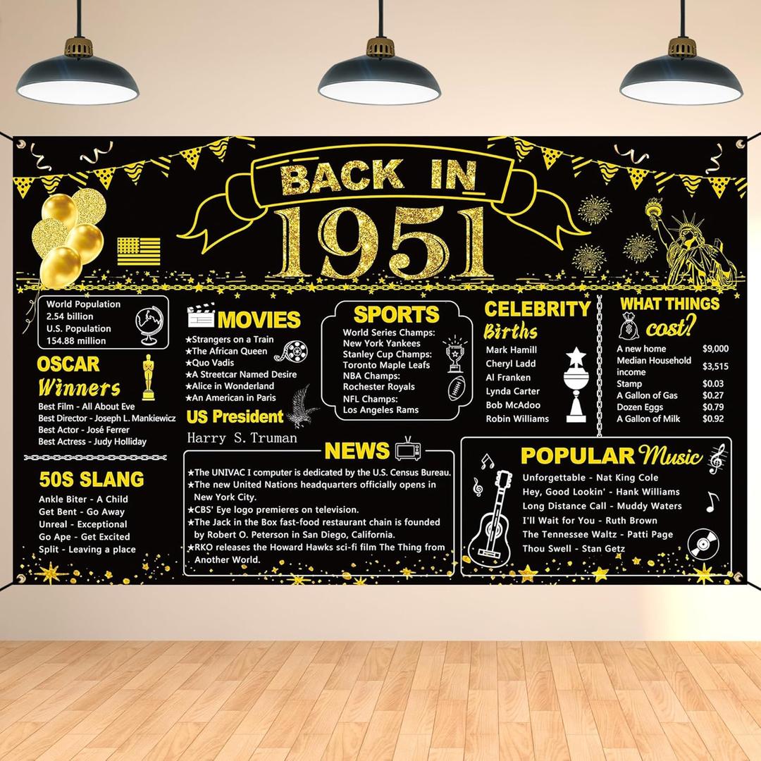 DARUNAXY 75th Birthday Black Gold Party Decoration, Back in 1951 Banner 75 Year Old Birthday Party Poster Supplies Vintage 1951 Backdrop Photography Background for Men & Women 75th Class Reunion Decor