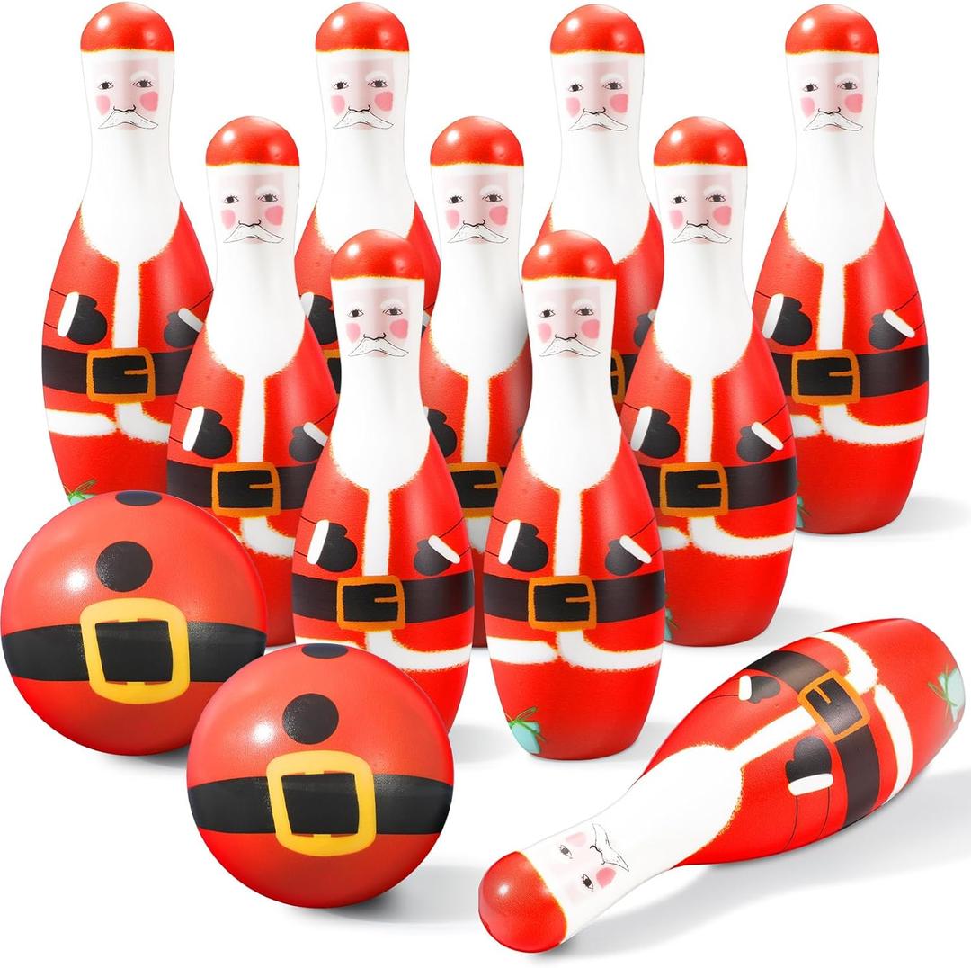 Libima 12 Pcs Christmas Bowling Set Santa Claus Snowman Bowling Set 10 Soft Foam Bowling Pins 2 Bowling Balls Set Toy Bowling Set for Game Indoor Outdoor Xmas Party Supplies (Red)