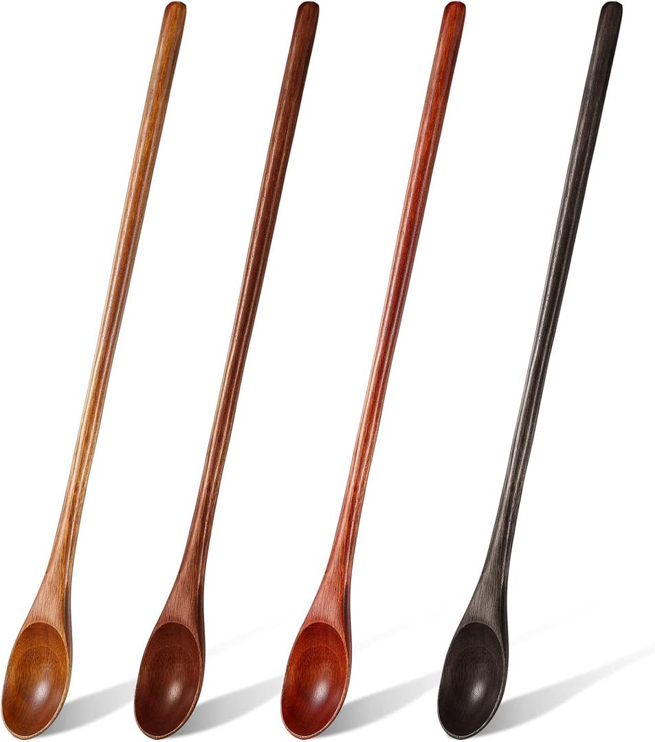 4 Pcs 13 Inch Long Handle Wooden Spoons for Cooking Long Handle Tasting Tea Spoon Wooden Utensils Vintage Stirrer for Kitchen Soup Coffee Cocktail Honey Mixing Stirring, 4 Colors