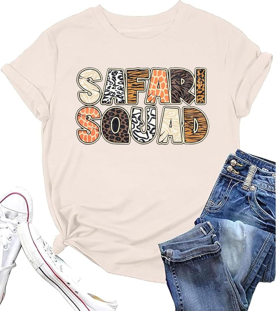 Safari Squad Shirt Women Safari Birthday Shirts Animal Kingdom Outfit Zoo Party Tee Short Sleeve Tops (X-Large, Apricot)