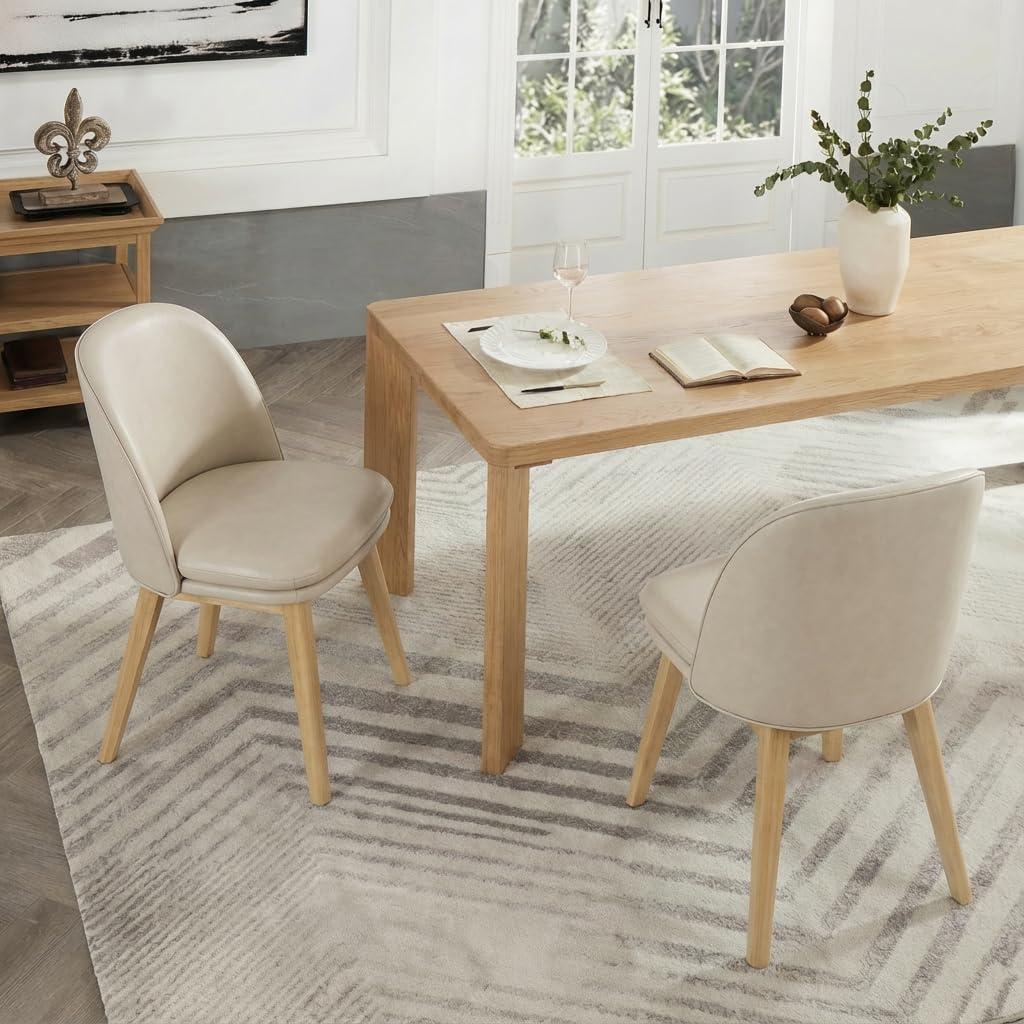 KISLOT Wooden Dining Chairs Set of 2, Faux Leather Upholstered Modern Dining Room Chairs with Double-Layer Thick Seat Cushion & Ergonomic Backrest for Restaurant, Kitchen and Café, Beige