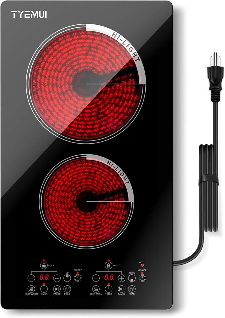 Double Burner Electric Cooktop Plug in 2000W, 110V~120V Countertop Stove, Electric Stove 2 Burner for Cooking, 110 volt Kitchen Stove 12inch Built-in Countertop with Timer, Peak, Pause