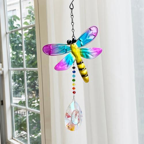 Brezalysia Stained Glass Suncatcher for Windows Hanging Crystal Ornament with Prism Pendant Animal Sun Catchers Rainbow Maker Garden Decor, Dragonfly
