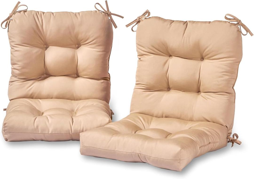 Tufted Outdoor Chair Cushions – Hinged One-Piece Design, Reversible Patio Seat & Back Cushion with Ties, Durable Polyester Fabric, Recycled Polyfiber Fill, Set of 2, Stone