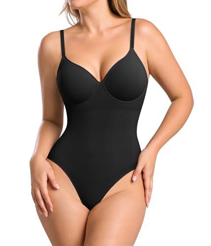 BRABIC Shapewear Bodysuits for Women Tummy Control Shapewear Seamless Deep V-Neck Body Shaper with Built-in Bra(Black, Small)