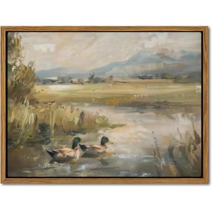 Floating Framed Canvas Wall Art, Vintage Mallard Duck Oil Paintings Print, Countryside Art Wildlife Nature Pond Wall Decor for Living Room, Bedroom, Office, Rustic Decor 16x24 inch