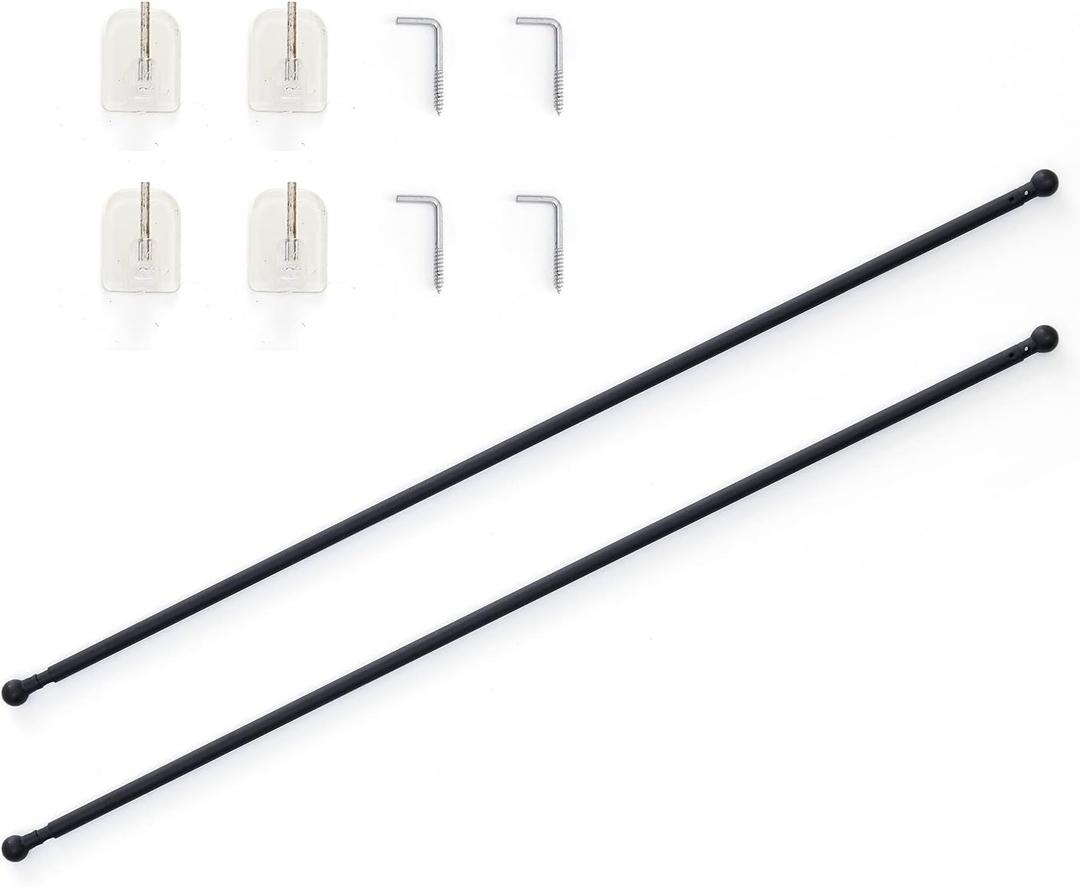 French Door Curtain Window Rods Black Magnetic Rod No Drill Adjustable Cafe Rod Metal Rod for Door Front Door Patio Hard Ware Multi-Use Four Adhesive Hooks Tool for Tier Curtain 28 to 48 Inch