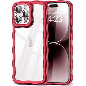SKYLMW Compatible with iPhone 14 Pro Max Case, Kawaii Cute Curly Wave Frame Luxury Plating Edge, Stylish Glossy Clear Back, Soft TPU Shockproof Protective Cases for iPhone 14 Pro Max, Red