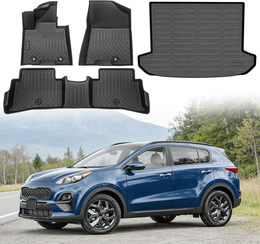 Floor Mats for Kia Sportage 2017-2022 (Only for Gas), Custom Fit Heavy Duty TPE All Weather Protection, Waterproof Non-Slip Black Car Liners for Front & Rear (Two-Row Floor Mats & Cargo Liner)