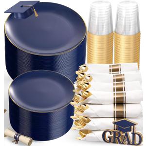 KIRE 350Pcs Blue and Gold Plates -Heavy Duty Navy Blue Dinnerware Set - 100 Plastic Plates 50 Pre Rolled Napkins with Gold Plastic Silverware 50 Cups for Birthday/Wedding/Party/Graduation/Memorial Day