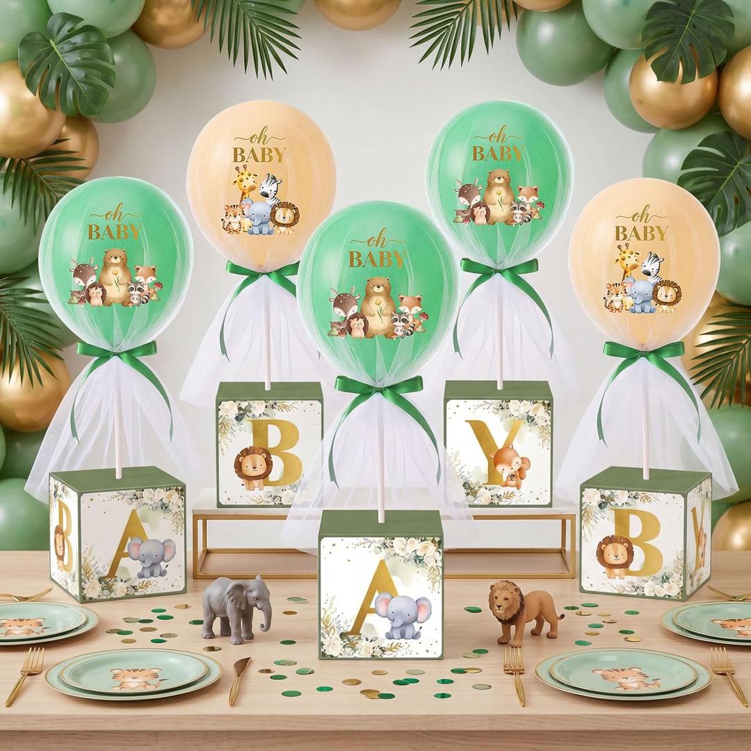 6 Set Jungle Safari Tulle Tutu Balloon with Letter Boxes Baby Shower Table Centerpieces for Gender Reveal Balloons Tulle Cover with Stand Elephant Themed Baby Shower Birthday Party(Green)