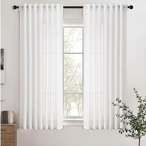 White Light Filtering Linen Curtains 54 Inch Length 2 Panel Set Back Tab Pocket Soft Semi Sheer Enhanced Privacy Short Window Drapes for Kitchen Cafe Farmhouse Elegant Home Decor