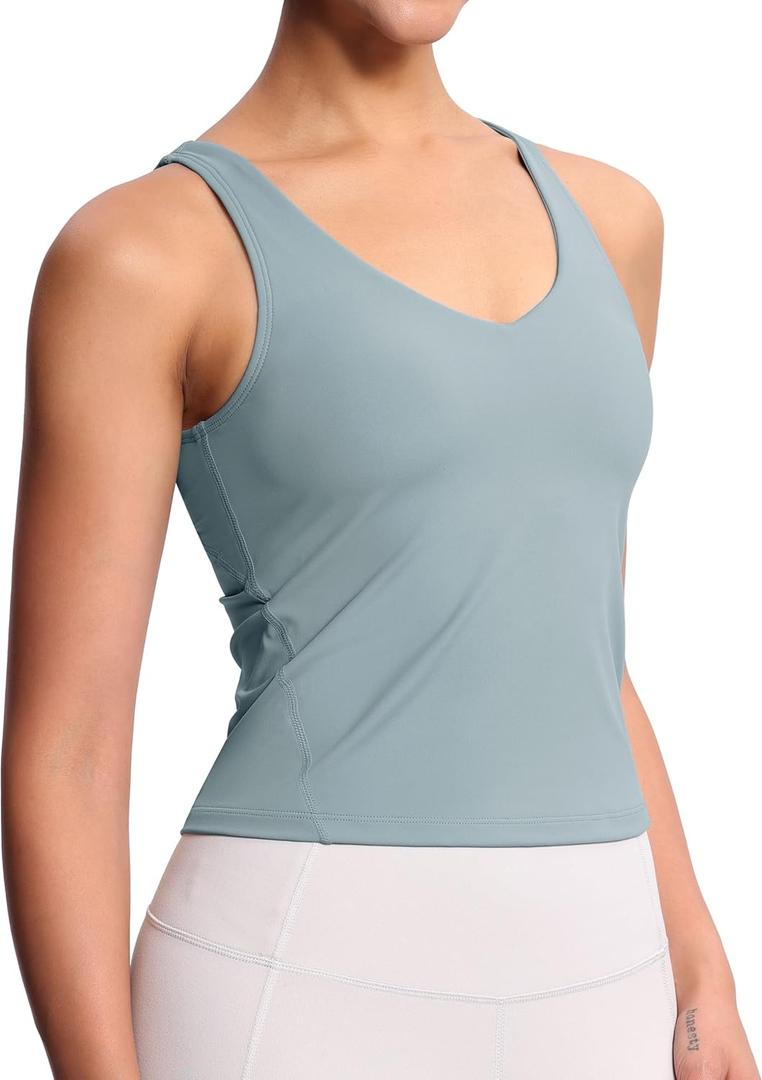 THE GYM PEOPLE Women's Longline Sports Bra Wirefree Padded Workout Yoga Tank Top (Large, Denim Blue)