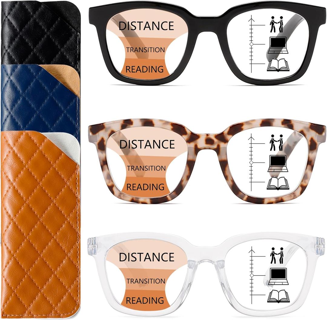 3 Pack Near-range Workspace Progressive Reading Glasses for Women Men Square Oprah Style Blue Light Blocking Readers (Black+gray Tortoise+transparent)