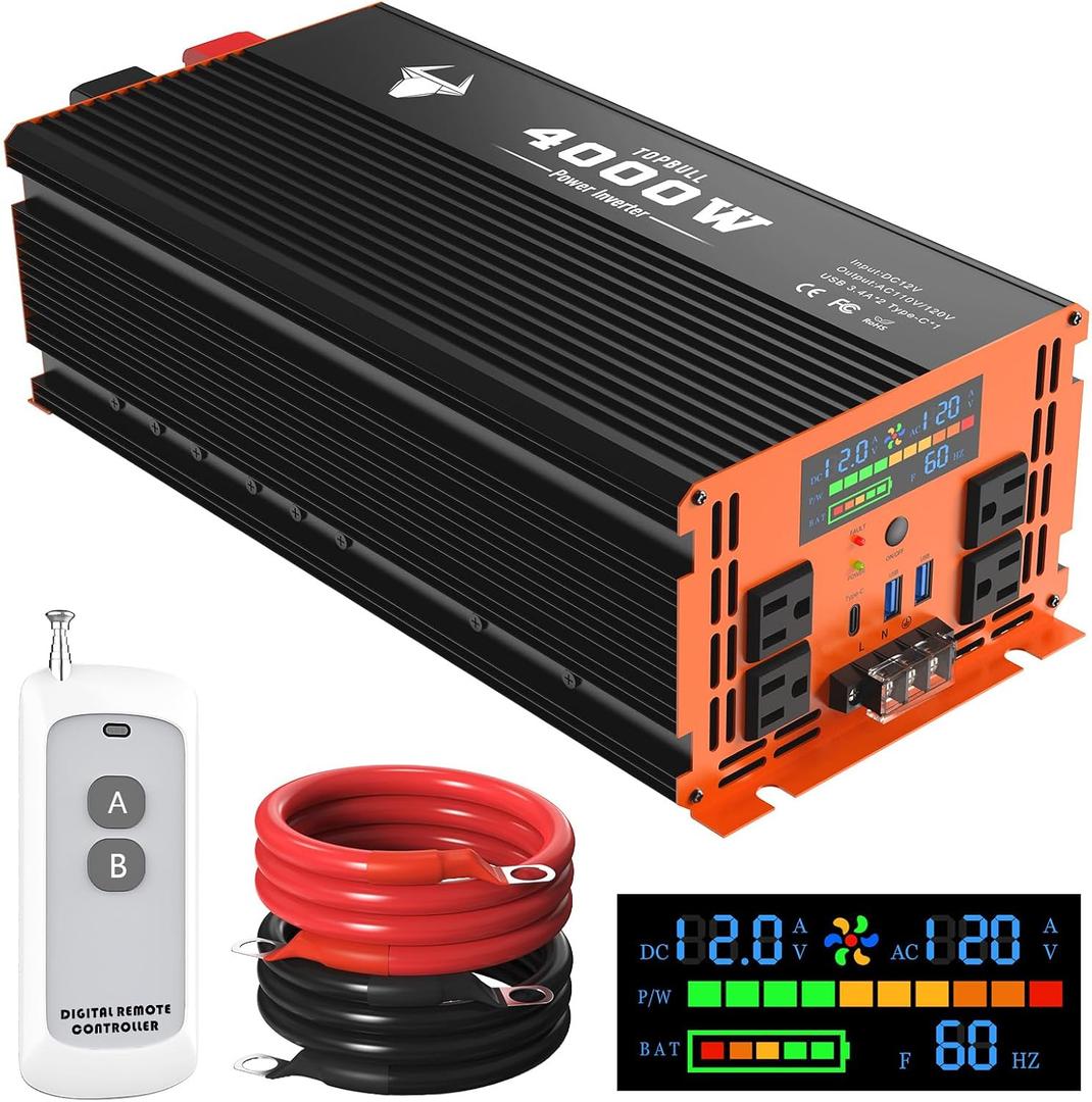 4000 Watt Power Inverter 12V DC to 120V/110V AC for Vehicles Car Converter
RV, Truck, Solar, Home, Off-Grid Surge 8000W with 4 AC Outlet, 2 USB-A Port, 200ft Remote Control and 3 AC Terminal Blocks