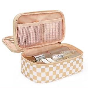 Relavel Travel Makeup Bag with Brush Holder, Dual-Layer Small Cosmetic Organizer, Portable Toiletry Bag for Accessories Storage, Cute Make Up Bag for Gift, Trip, Camp, Daily Use - Plaid