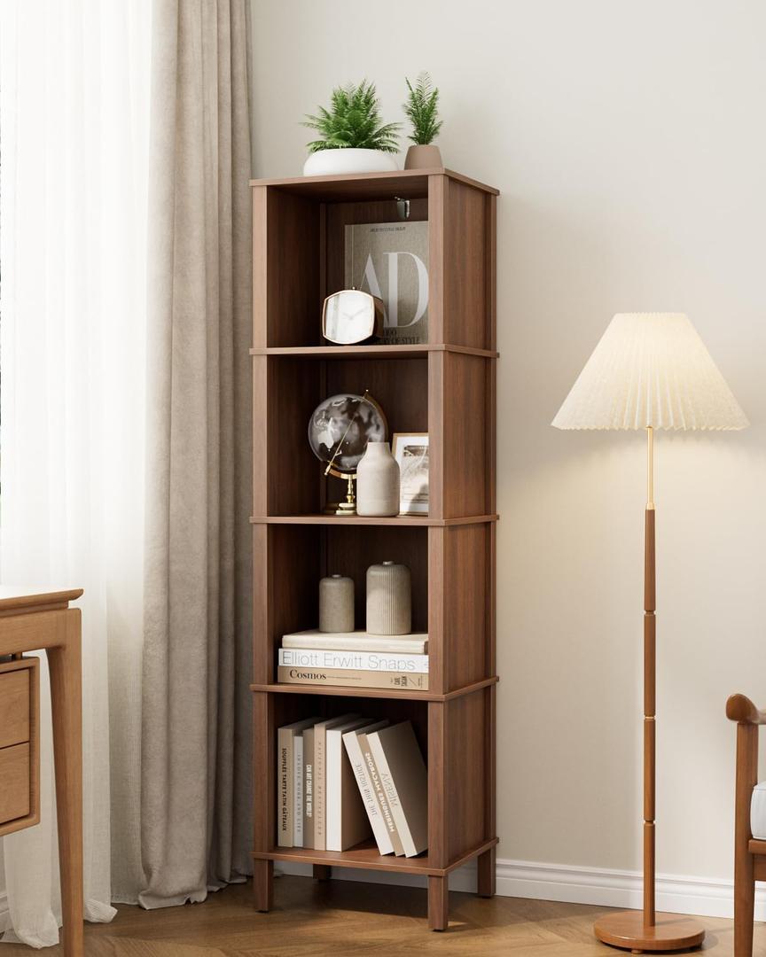 Bookshelf, Modern 4-Tier Bookcase, Open Storage Book Shelf, 11  14.2  50.4 Inches, Small Narrow Bookshelves for Living Room, Home Office, Bedroom, Walnut
