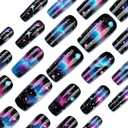 4 x MERVF Long Press on Nails Square Fake Nails Black Glue on Nails Starry Sky Colored Cloud Design Squoval Acrylic Nails for Women Glossy 24pcs