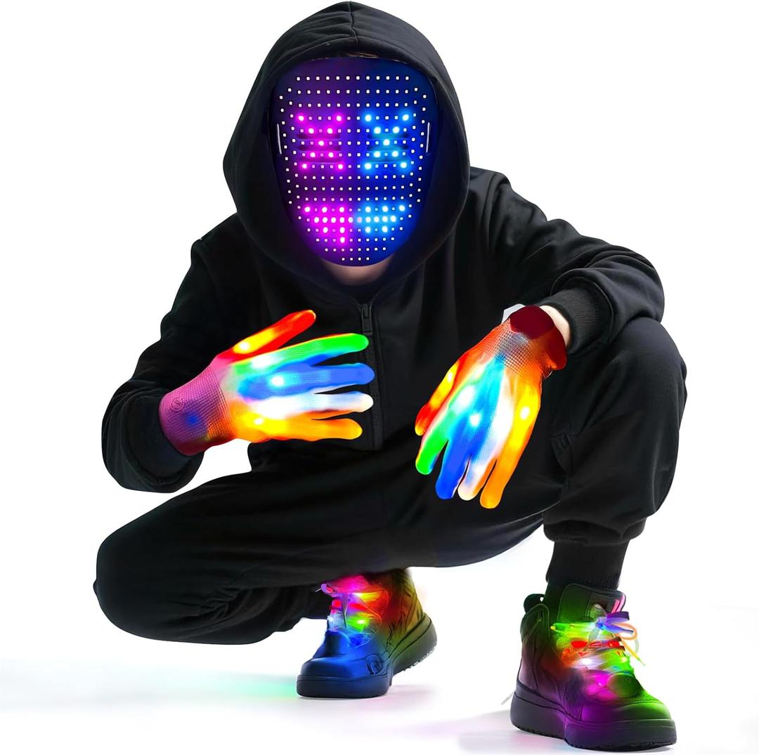 3 Pack LED Mask Costume Set with Gesture Sensing, Gifts for Teens, Cool Stuff Christmas Toys, Light Up Mask Gloves and Shoelaces, Xmas New Year's Eve Holiday Costume Party Favor Accessories