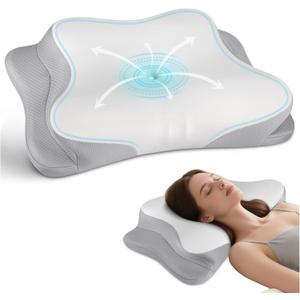 Cervical Neck Pillow - Cooling Ergonomic Neck Support Pillow for Sleeping, Orthopedic Contour Memory Foam Pillows for Side, Back & Stomach Sleepers with Pillowcase (Grey)