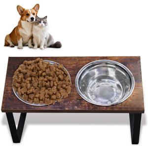 Elevated Dog Food and Water Bowl Set, Large Dog Bowl with Stand, Rustic Wooden Raised Feeder with Stainless Steel Bowls, Tilted Design for Medium and Large Dogs (Black)