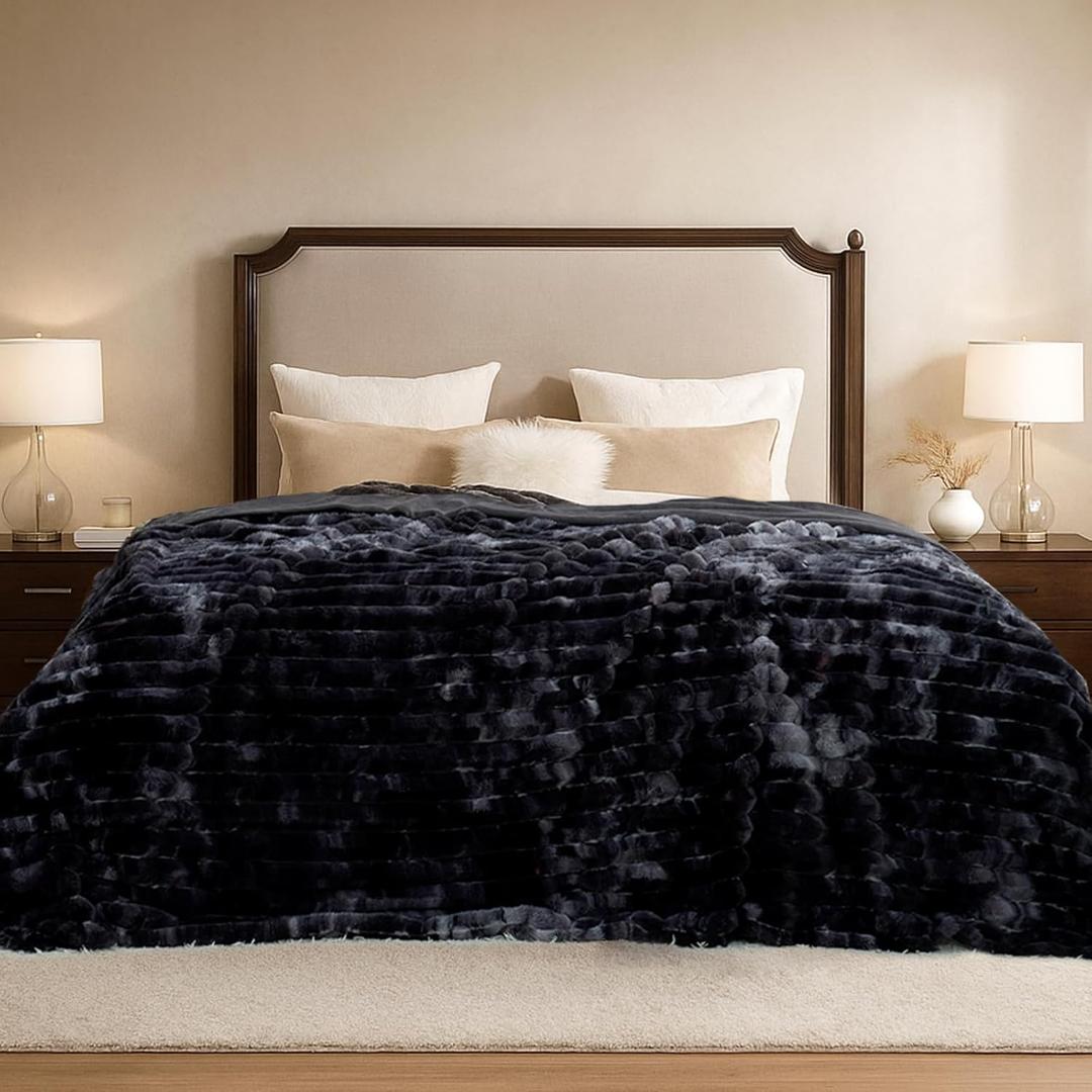 Cozy Bliss Faux Fur Throw Blanket for Couch, Cozy Warm Plush Striped Blanket for Sofa Bedroom Living Room, 108 * 90 Inches Tie-dye Black