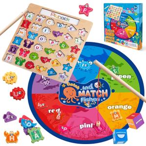 Alphabet Fishing Game - Wooden ABC Letter Puzzle for Toddlers 3-5 Years Old, Fine Motor Skills Toy, Birthday Gift for Kids
