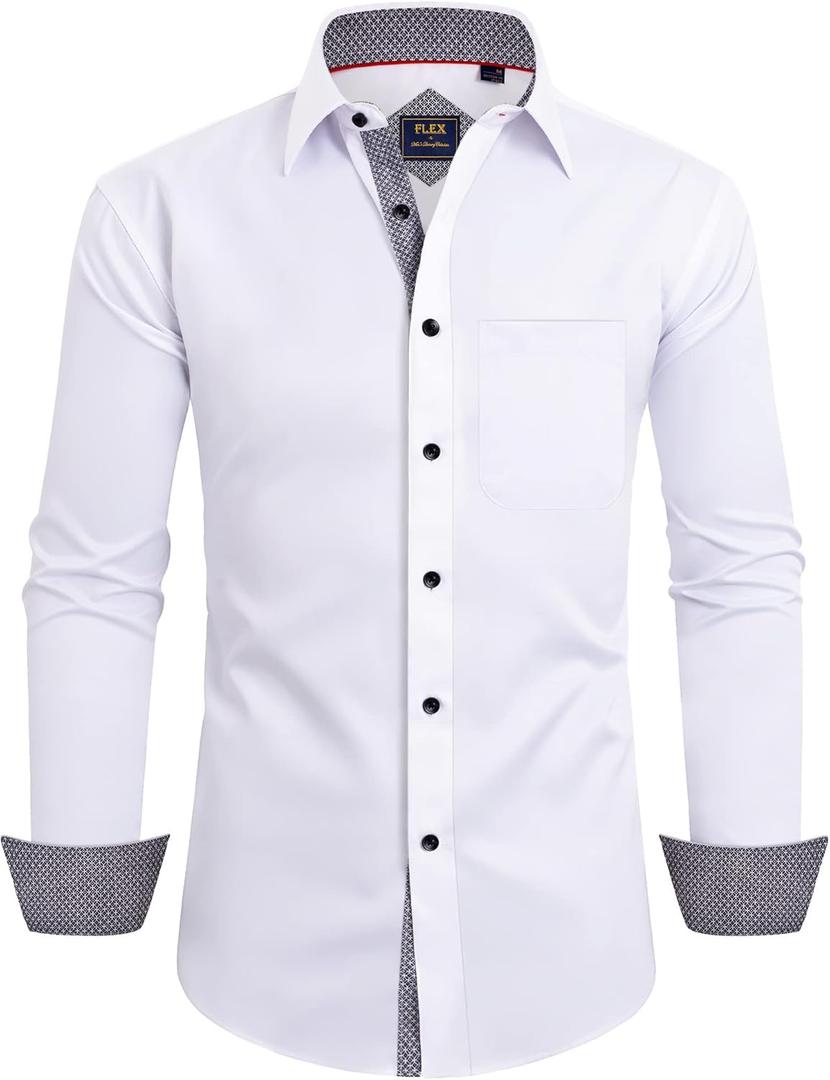 Alimens & Gentle Men's Dress Shirts Long Sleeve Wrinkle-Free Business Casual Button Down Shirt (Large Tall, White)