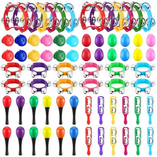 Silipull 36 Pcs Shaker Musical Instruments Set for Kids Early Music Learning Toy Bulk Egg Shaker Wrist Hand Band Bells Maracas Percussion Tambourine Cymbals Plastic Castanets for Preschool