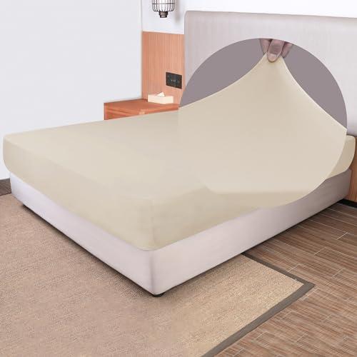 Soft Stretch Full Size Fitted Sheet Only - Jersey Knit & Cozy T-Shirt Like, 4-Way Stretchy Snug Fit & Wrinkle Free, No More Slipping Mattress Sheets - Creamy Beige, Full