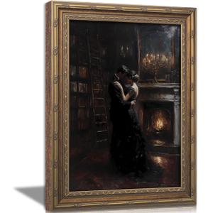 Vintage Gold Framed Gothic Wall Art, Victorian Romantic Couple Dancing Painting Canvas Print, Dark Academia Picture Wall Decor, Moody Bookstore Poster Artwork for Living Room Bedroom