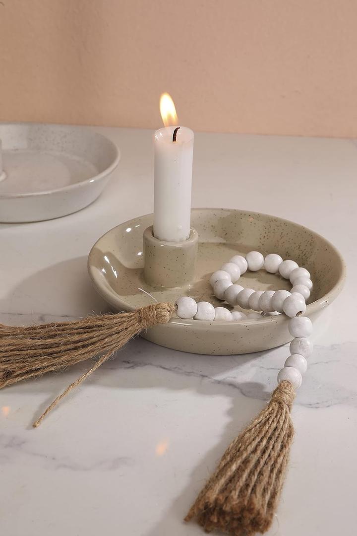 DN DECONATION Ceramic Candle Holder, Boho Candlestick Holder with Round Plate for Taper Candles, Unique Farmhouse Porcelain Candle Stick Holder for Meditation/Yoga Room Home Wedding Decor(Gray) (Griege)