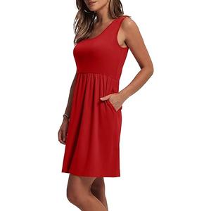 WIHOLL Women's Summer Dress 2025 A-Line Sleeveless Casual Sundress with Pockets, Solid Red XL