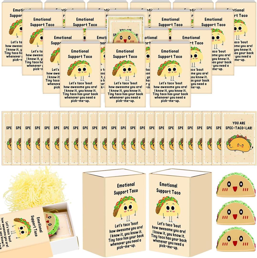 Wonderjune 36 Sets Emotional Taco Gift Bulk Employee Appreciation Gift Resin Positive Supportive Taco Inspirational Card and Breath Box for Student Teacher Coworker Staff End of The Year Graduation