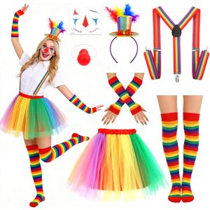 7pcs Clown Costume with Rainbow Tutu Clown Nose Face Stickers Feather Headband and Rainbow Socks Gloves Suspenders