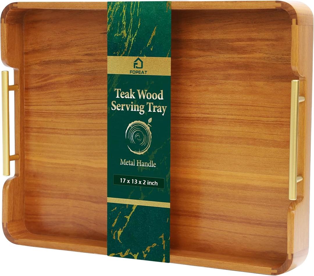 Solid Teak Wood Serving Tray with Handles, 17"x13"x2" Rectangular Ottoman Tray for Living Room Kitchen Party, Rustic Decorative Tray for Home Coffee Table Breakfast Dinner Bar