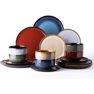 LeRatio Ceramic Dinnerware Sets for 6,Porcelain Plates and Bowls Sets,Handmade Reactive Glaze Dishes Set,Chip Resistant and Scratch Resistant | Oven&Dishwasher & Microwave Safe)-Colorflu(18PCS)