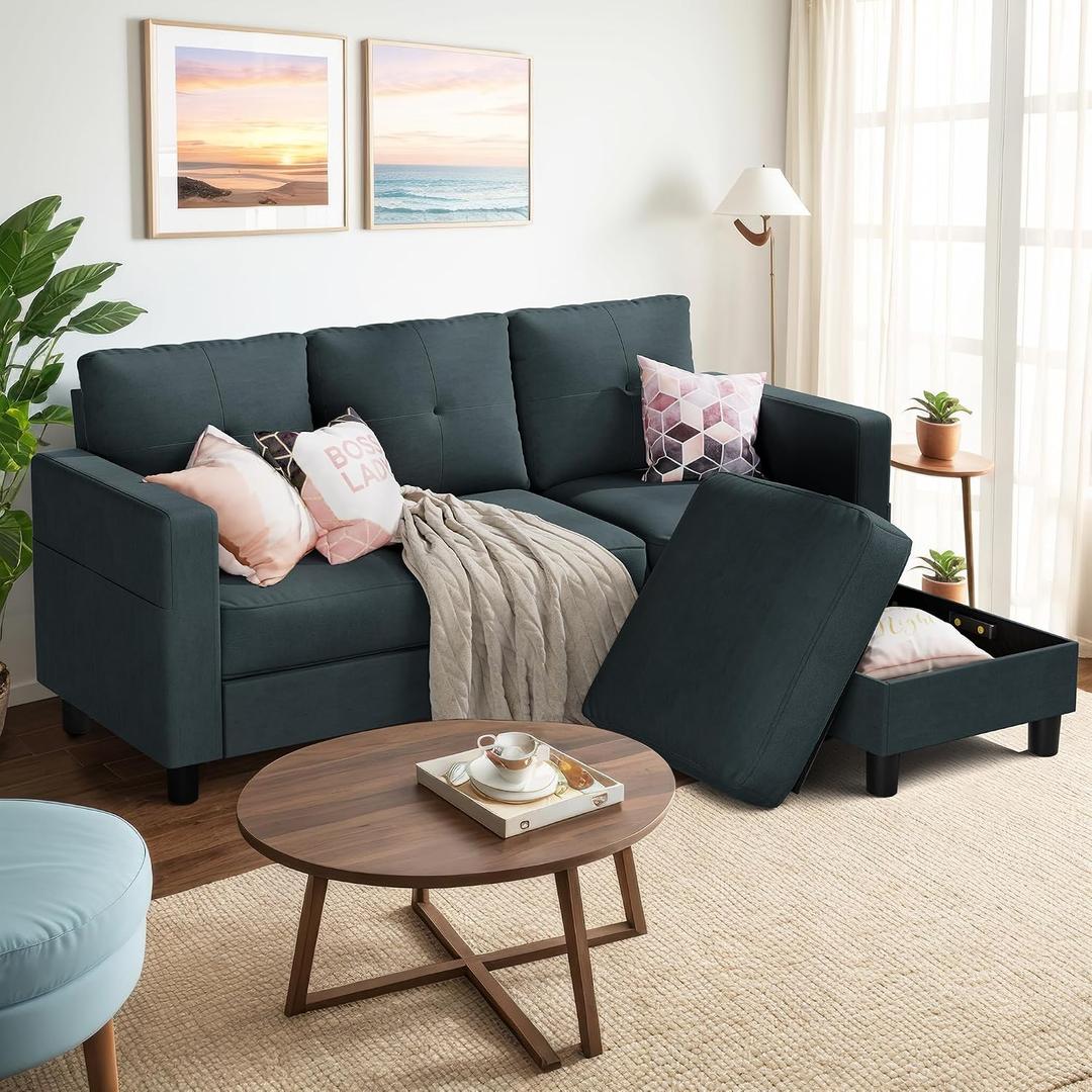 Shintenchi 79 Inch Convertible Sectional Sofa Couch, Modern Linen Fabric L-Shaped , 3-Seat Sofa Sectional with Reversible Chaise for Living Room, Apartment and Small Space (Dark Grey)