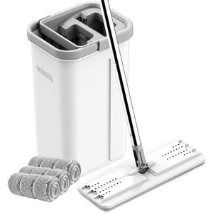 Mop and Bucket with Wringer Set, Hands Free Flat Floor Mop and Bucket, 3 Washable Microfiber Pads Included, Wet and Dry Use, Home Floor Cleaning System for All Floor Types and Windows (White Mop and Bucket Set with 3 Pads)