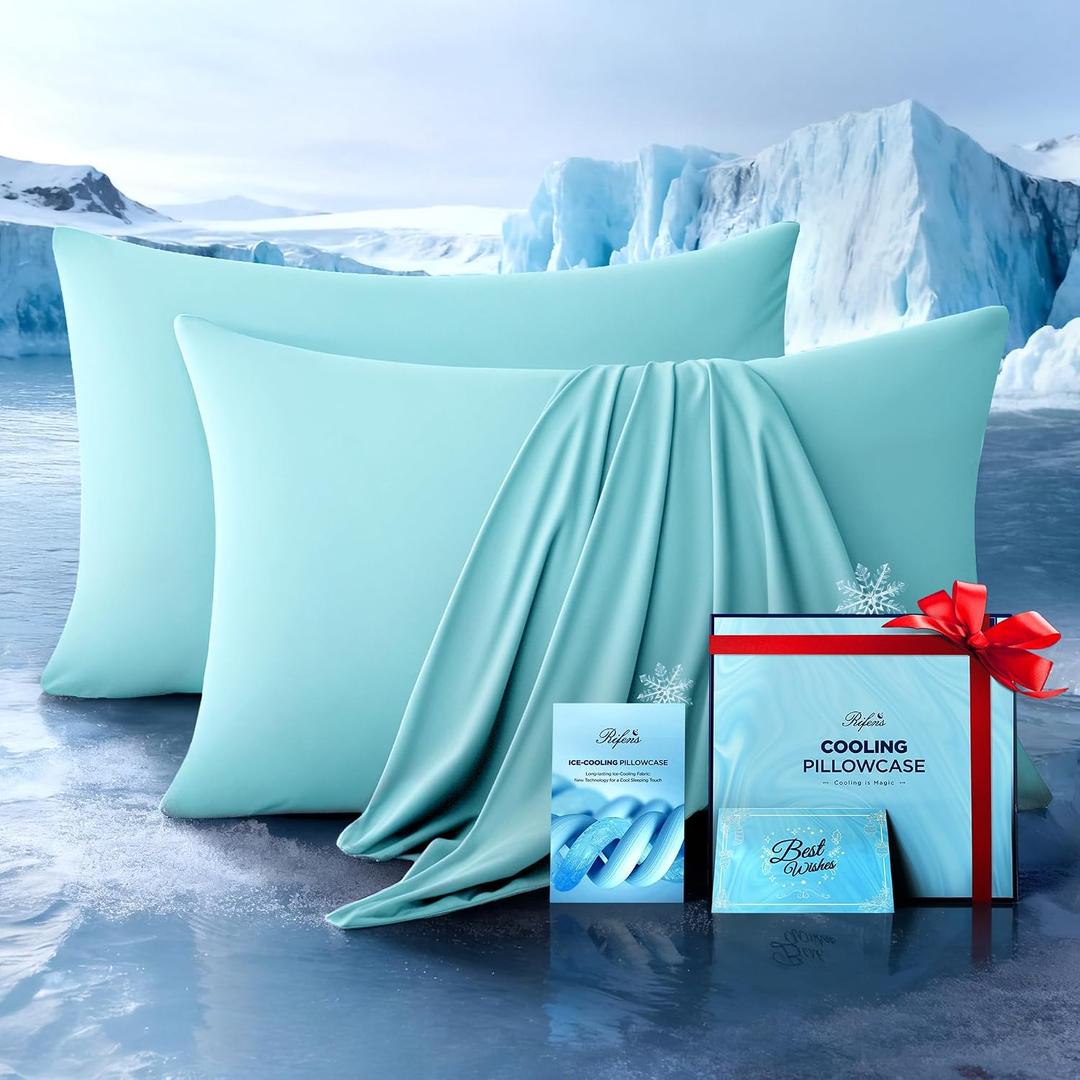 Ultra-Chill Cooling Pillowcase Set of 2 for Hot Sleepers, Softer Than Silk Pillow Cases for Protecting Hair & Skin, Breathable Bed Pillow Covers w/Zipper, Gifts for Women Men (Mint Blue, Standard)